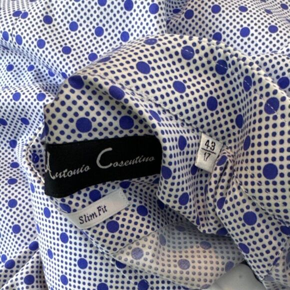 Antonio Cosentino Mens Slim Fit Dress Shirt Blue Polka Dot 100% Cotton Size 42/1 - Picture 3 of 5